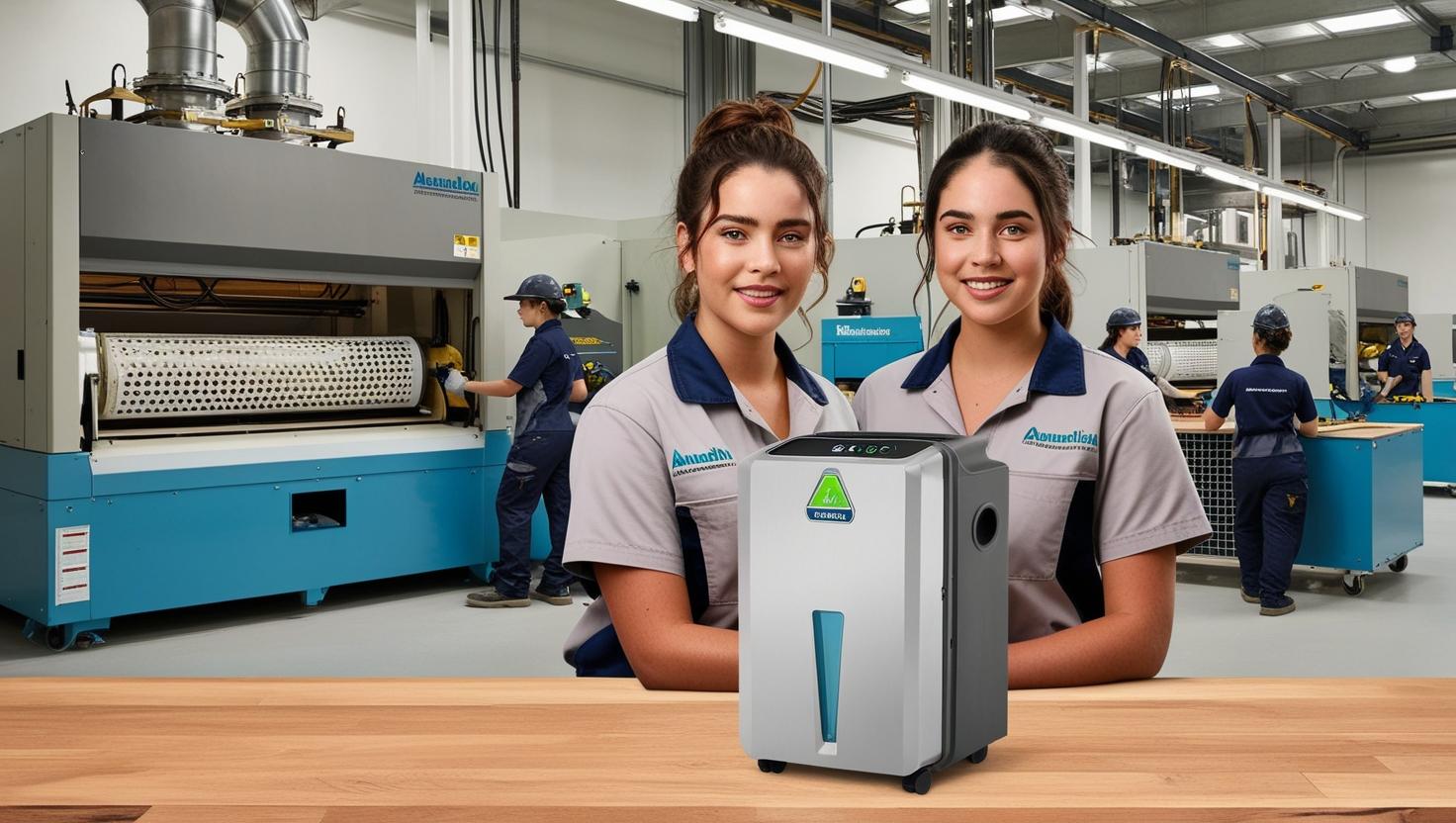 Two workers in uniform standing behind a commercial dehumidifier in a modern industrial factory setting