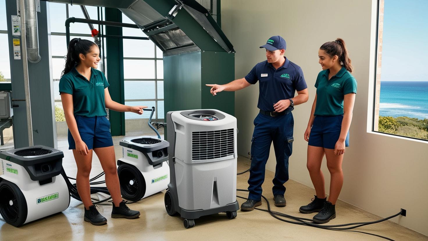 Technicians demonstrating industrial dehumidifiers in a bright room with ocean view background