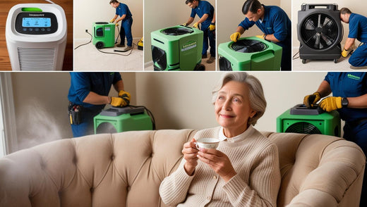 Technicians setting up a commercial dehumidifier in a residential living room to remove moisture
