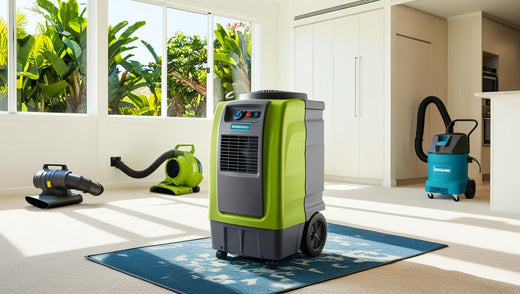 Modern air purifiers and dehumidifiers placed in a bright living room with large windows