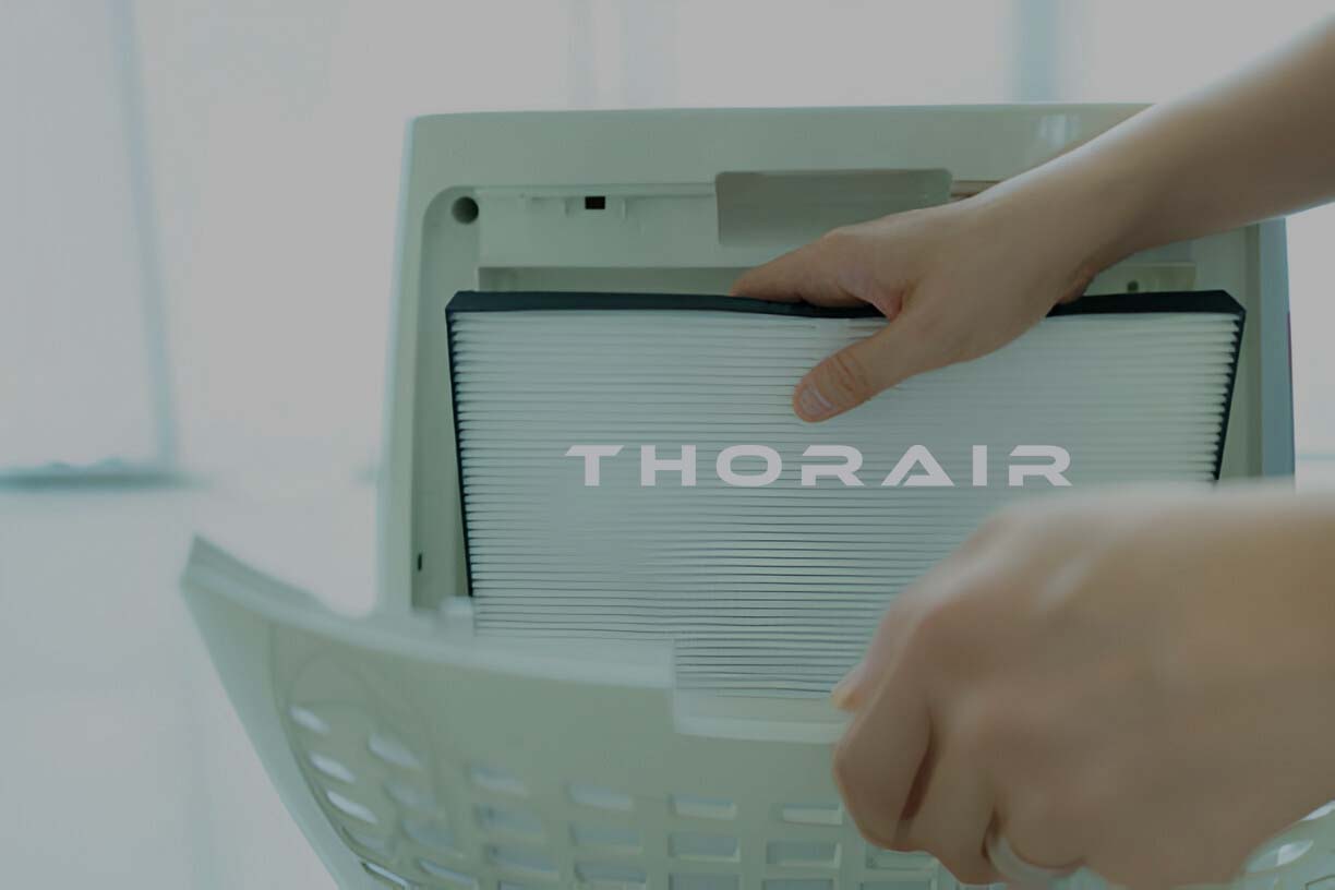 Hands removing or installing an air filter in a Thorair dehumidifier for home air quality improvement