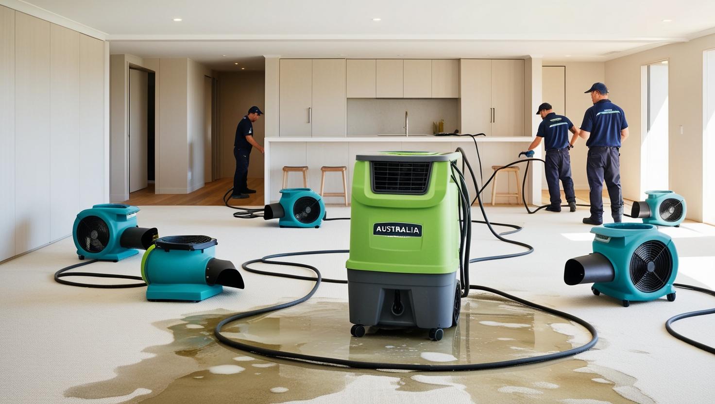 Commercial dehumidifiers operating in a large room with water on the floor and technicians working