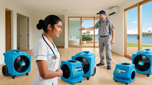 Healthcare professionals using equipment for advanced air quality managemen in a bright room with large windows