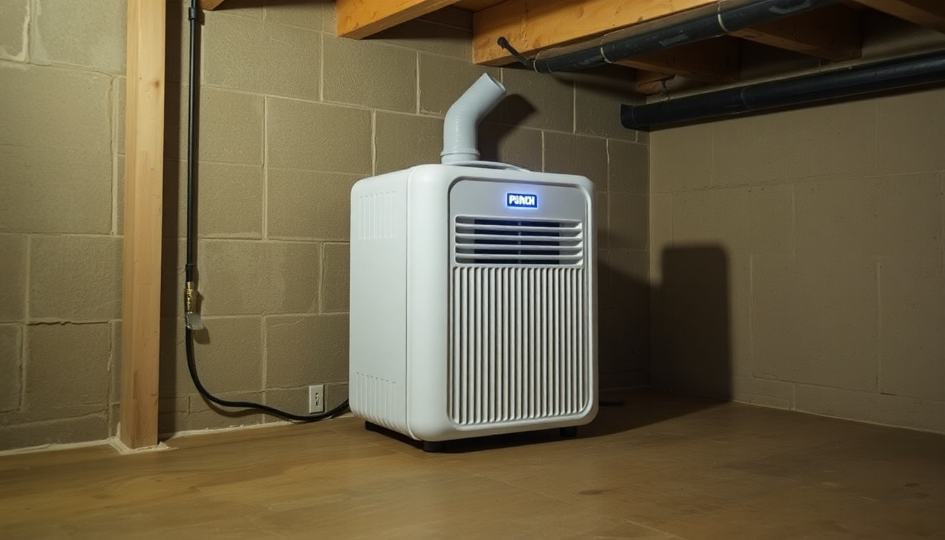 A modern dehumidifier operating in a damp basement