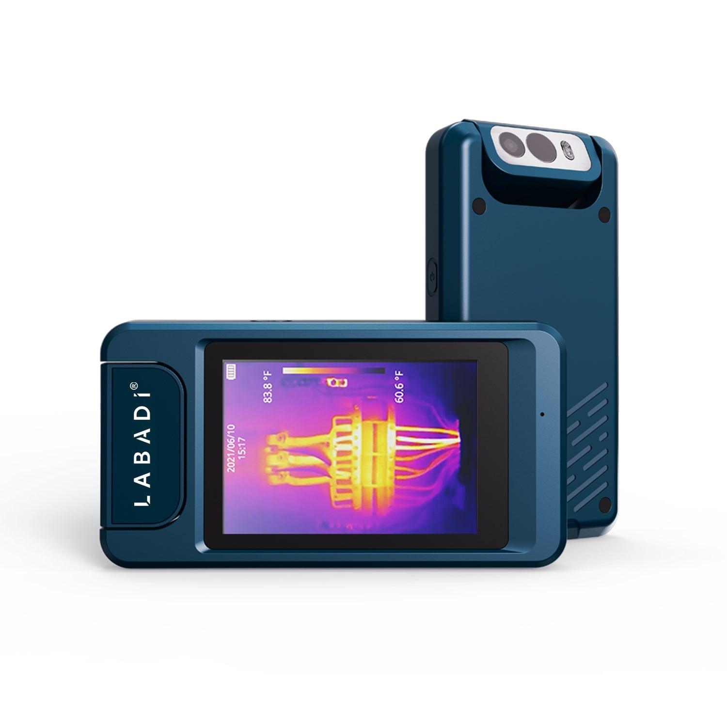 Compact LABADI thermal cameras showing a detailed heat signature on the display screen