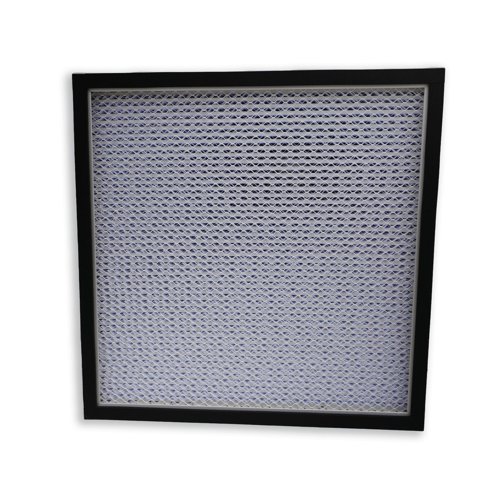 Square air filter with black frame and fine mesh pattern designed for efficient air purification filters