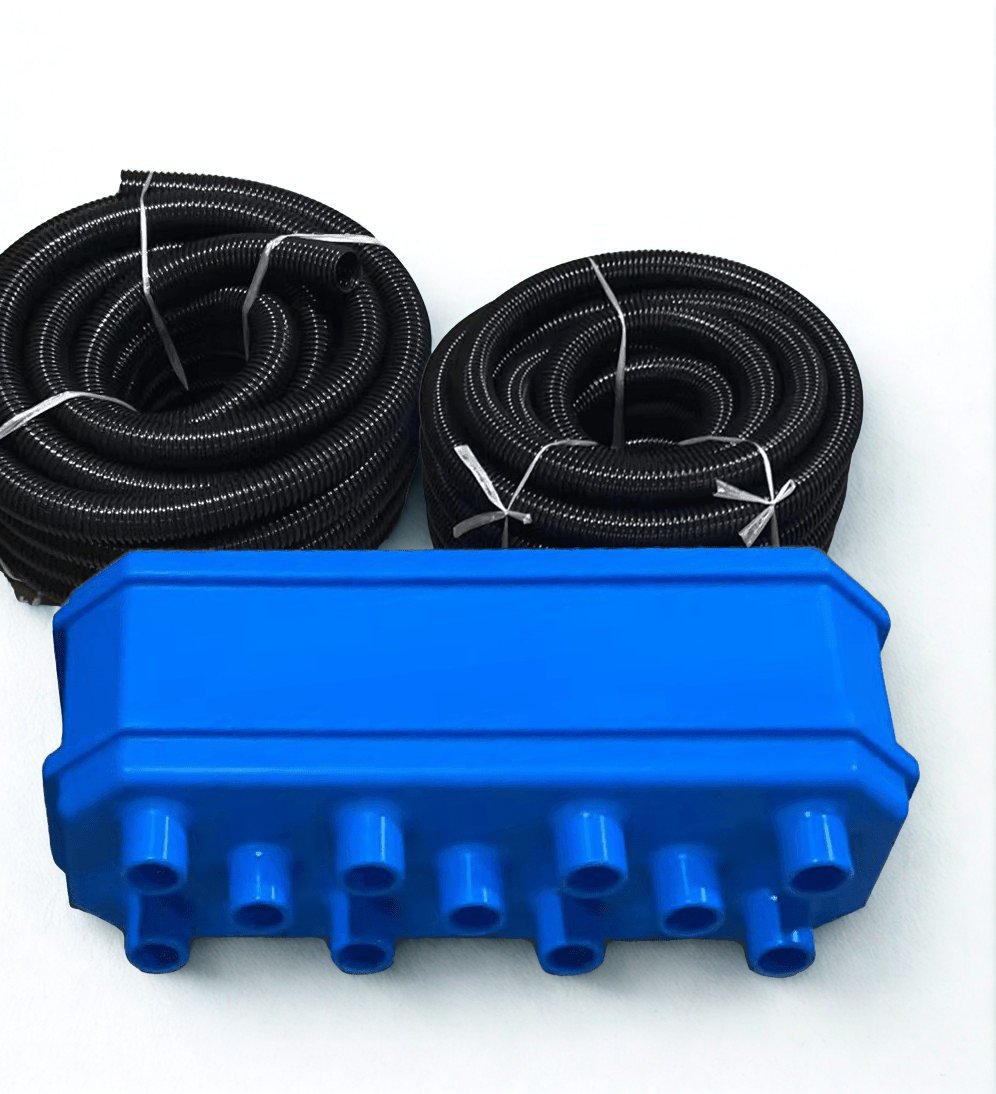Thorair accessories including flexible black hoses and a blue multi-connector adapter for air quality systems