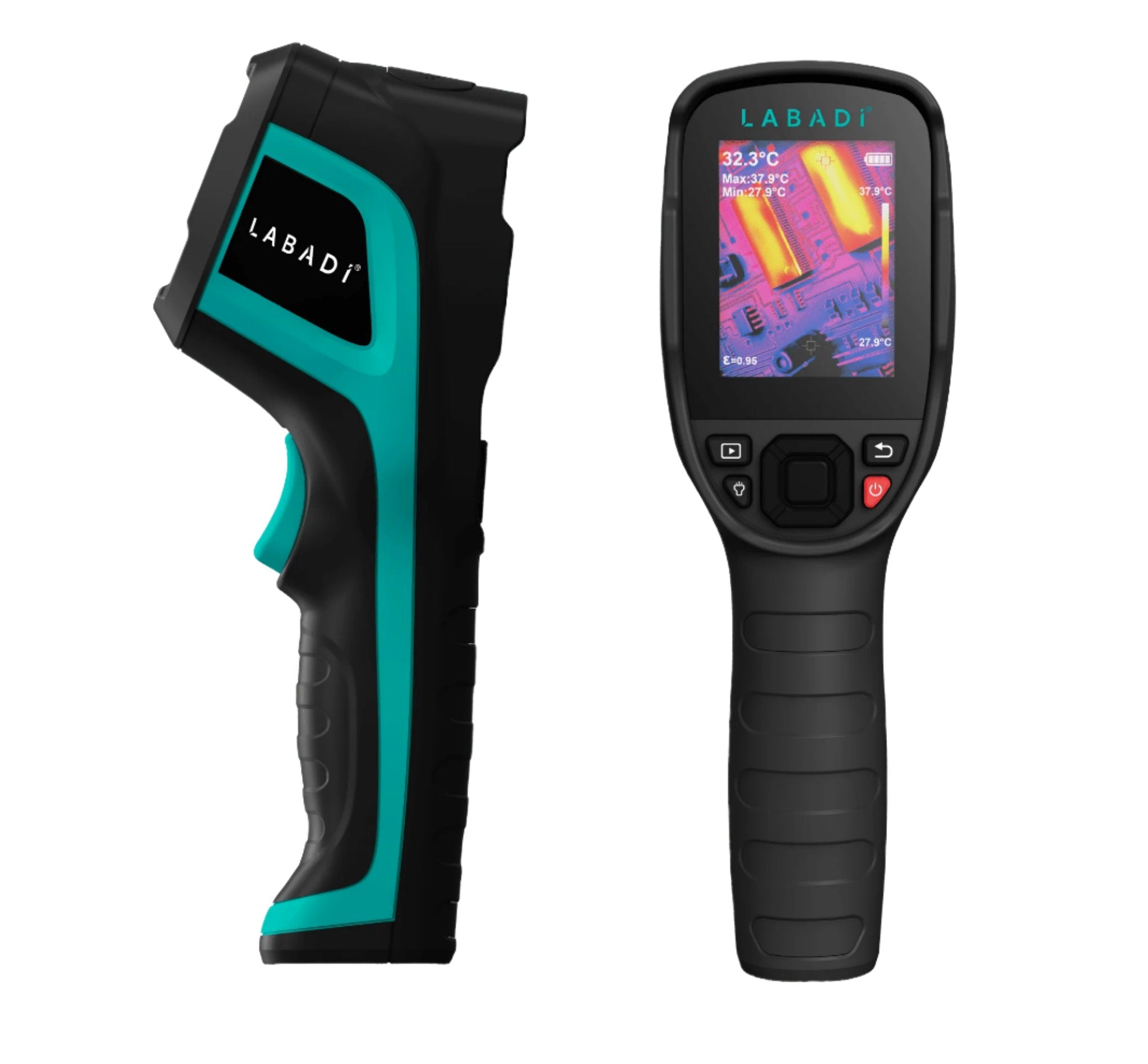 Handheld thermal imaging camera displaying colorful heat map for building and electrical diagnostics