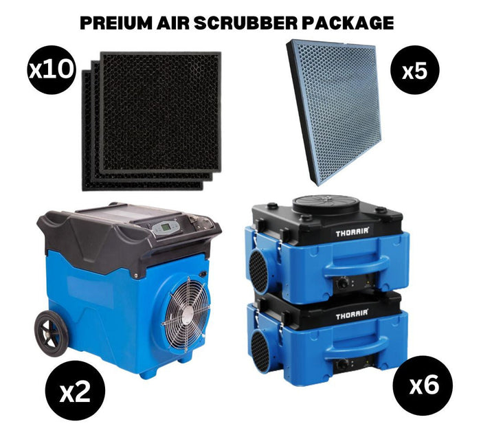 Thorair premium air scrubber packages including filters and blue air scrubber units with wheels and handles