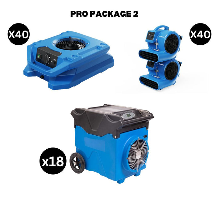 Thorair Pro Package 2 with 40 blue air movers, 40 blue axial fans, and 18 blue dehumidifiers as packages
