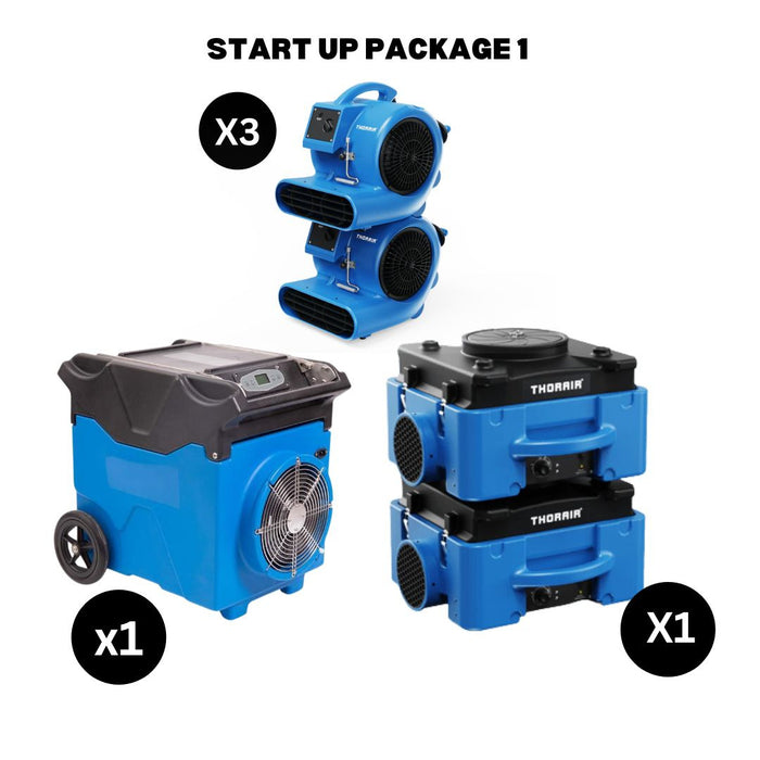 Thorair Start Up Package 1 with blue air movers and dehumidifiers in multiple packages