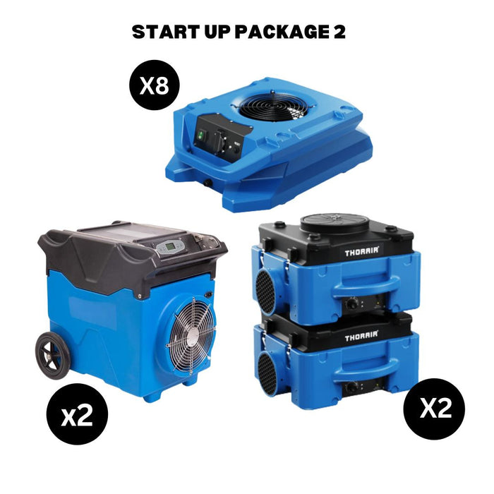 Thorair start up package 2 featuring multiple blue air movers and dehumidifiers in packages