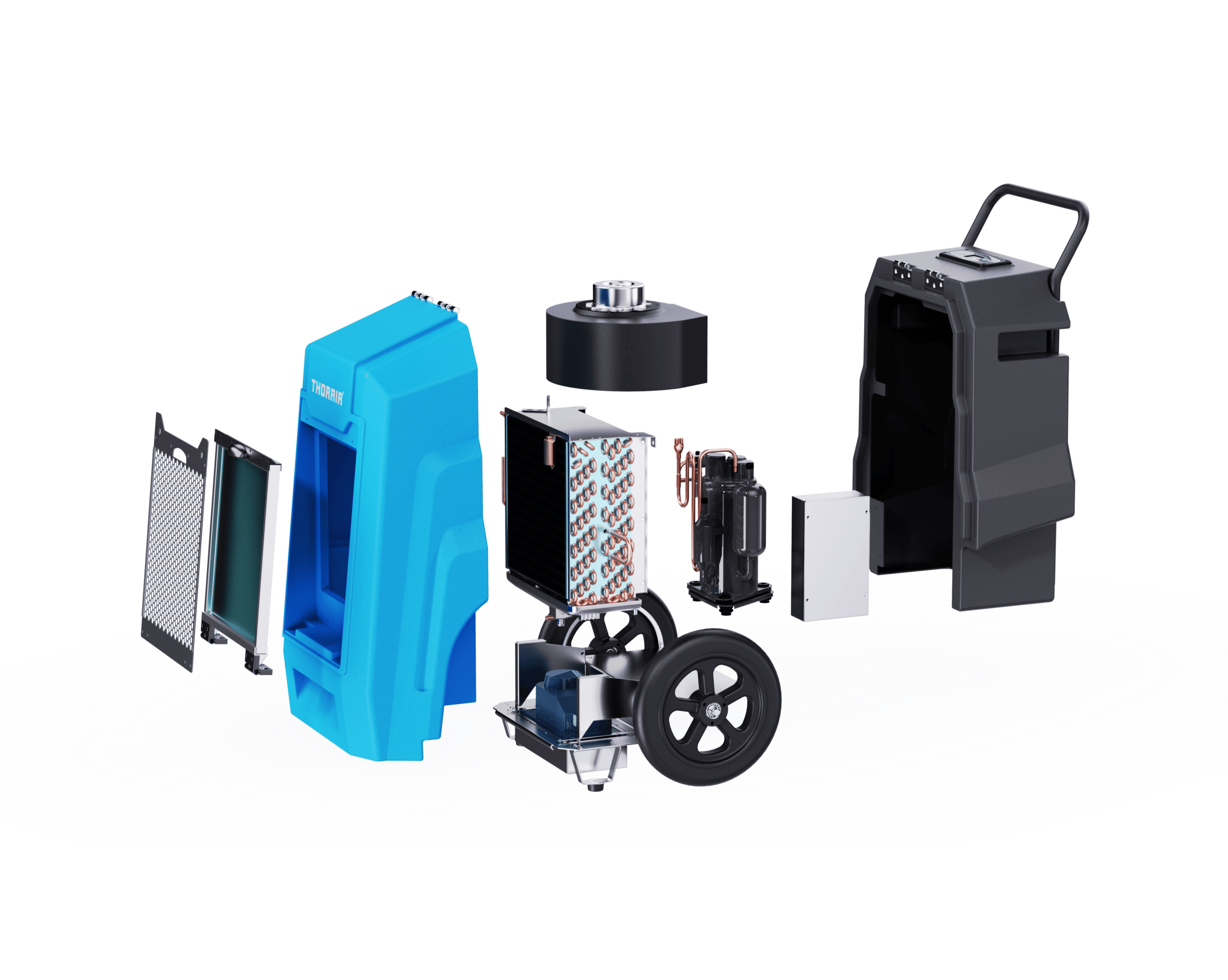Thorair 70L dehumidifier exploded view showcasing internal components and design features