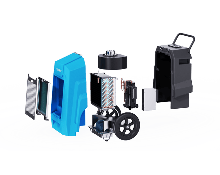 Thorair 70L dehumidifier exploded view showcasing internal components and design features
