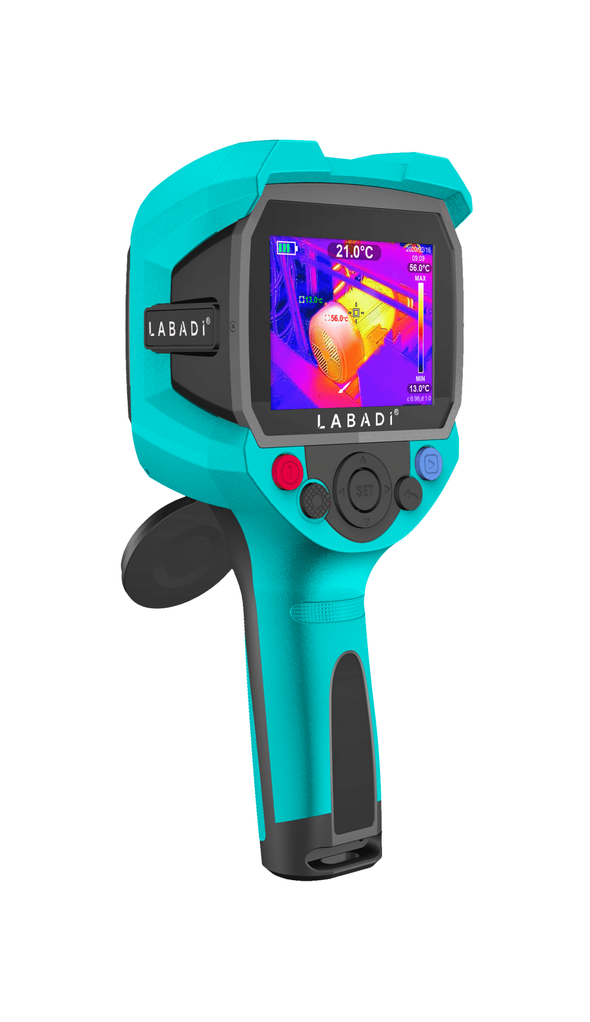 Thorair LABADI handheld thermal imaging camera in teal with color display showing heat signatures