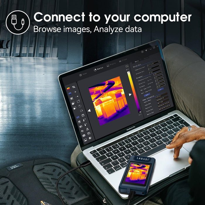Thorair thermal camera connected to a laptop for image browsing and data analysis