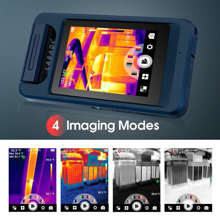 Thorair thermal camera with four imaging modes displayed on the screen for versatile thermal imaging