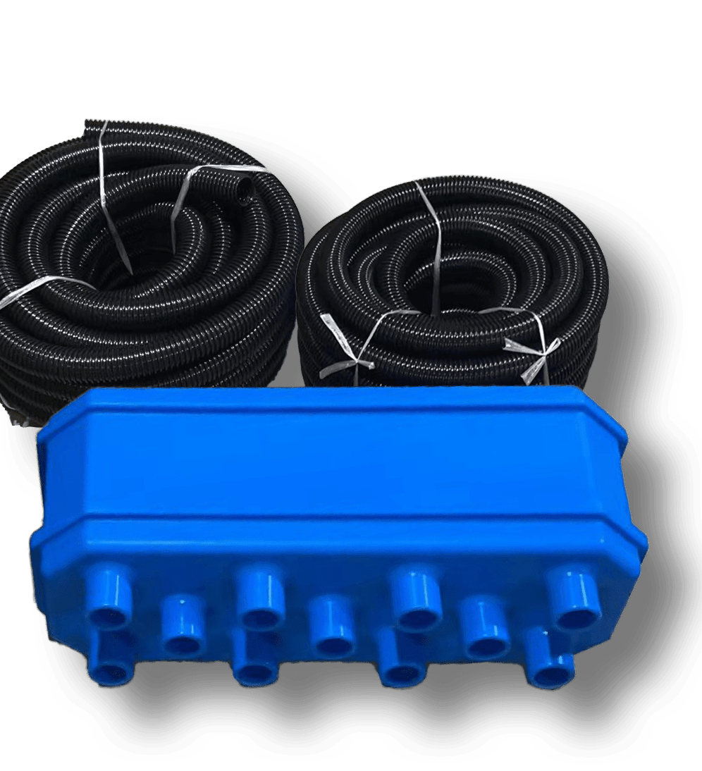 Thorair blue manifold with multiple black coiled air hoses for pneumatic applications