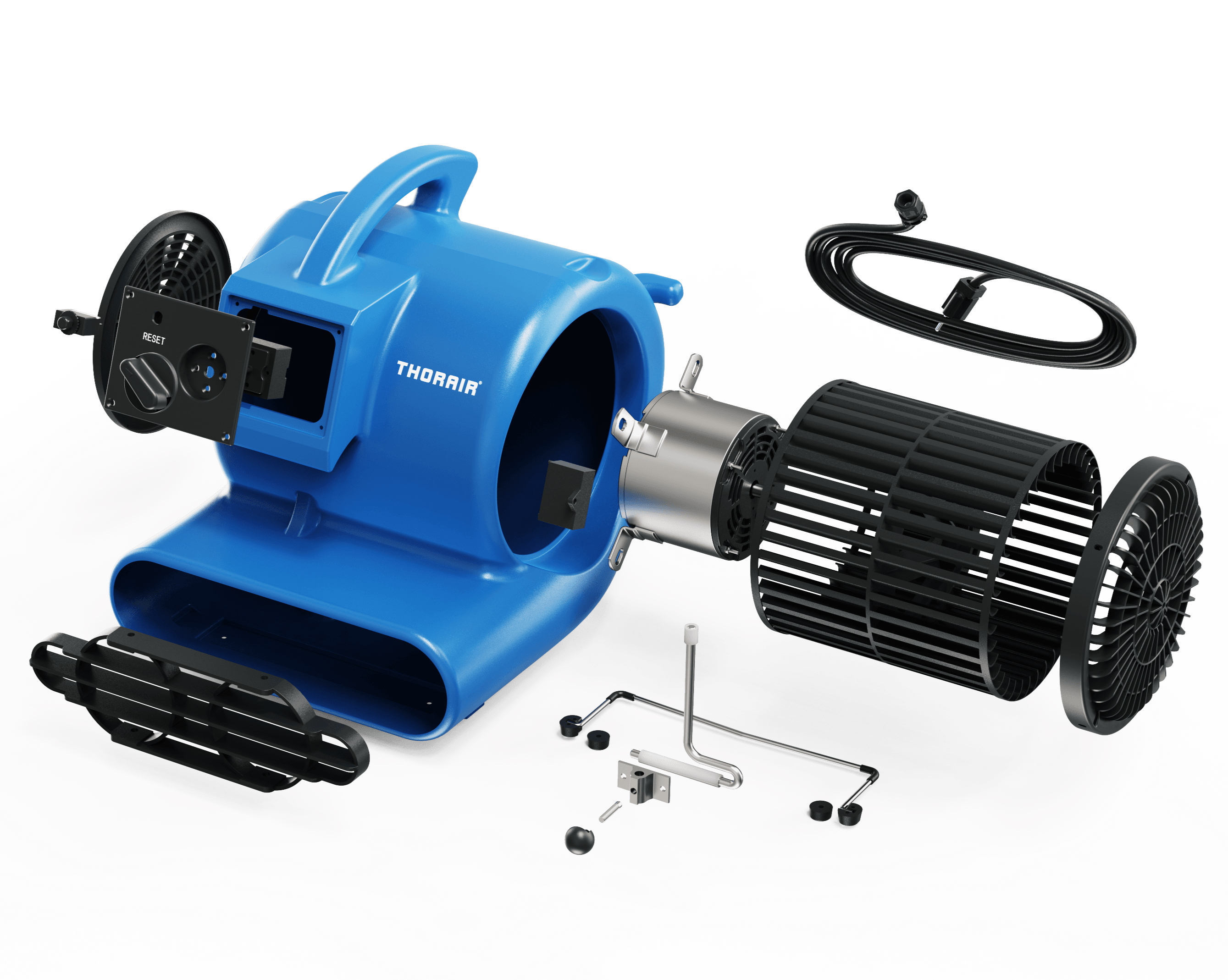 Thorair blue air blower with detachable fan, motor, and power cord components shown on black background