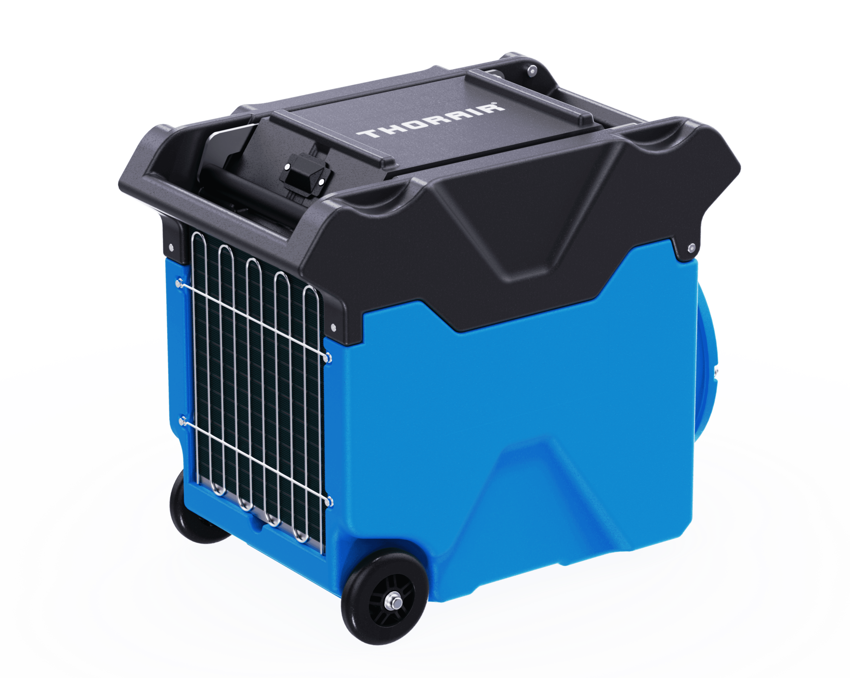 Thorair® 50L dehumidifier in blue with durable casing and wheels for easy portability