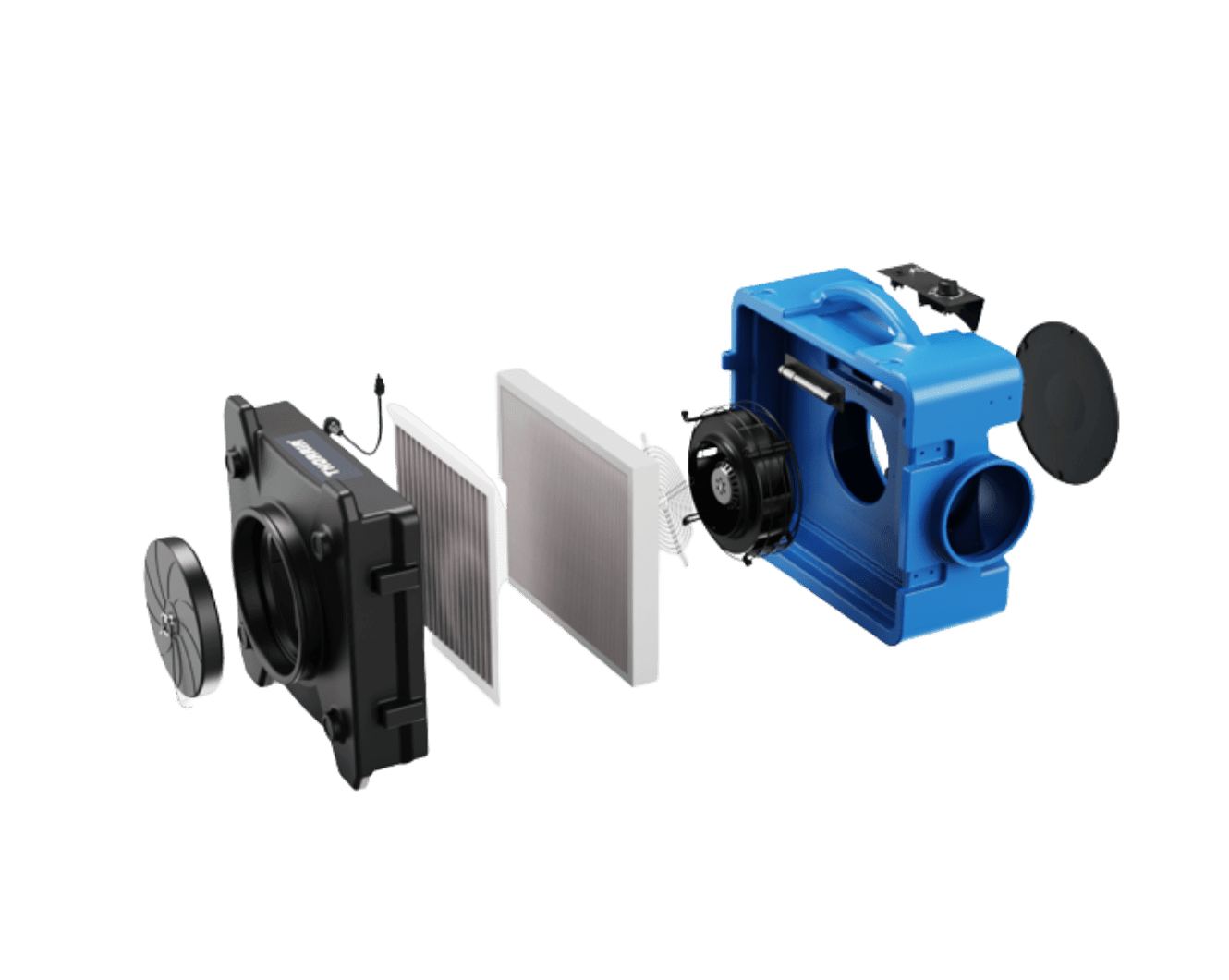 Thorair air scrubber showing exploded view of filter components and blue outer casing