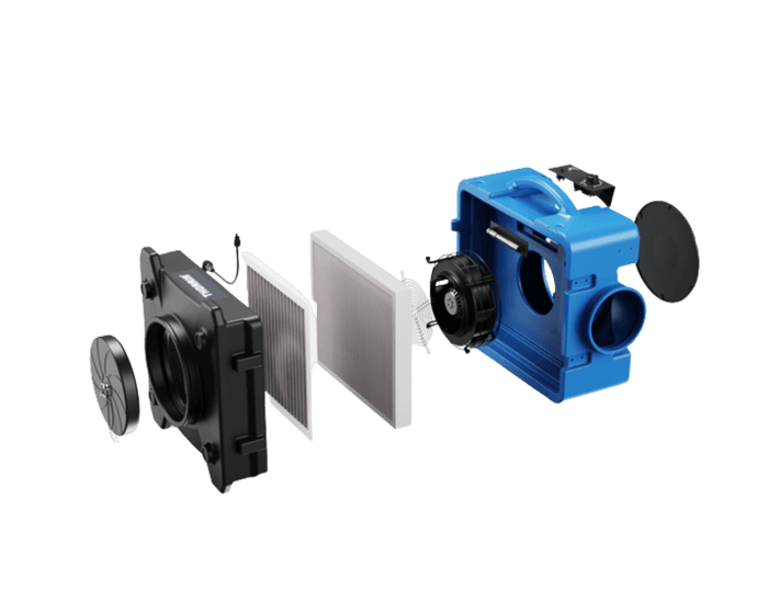 Thorair air scrubber showing exploded view of filter components and blue outer casing
