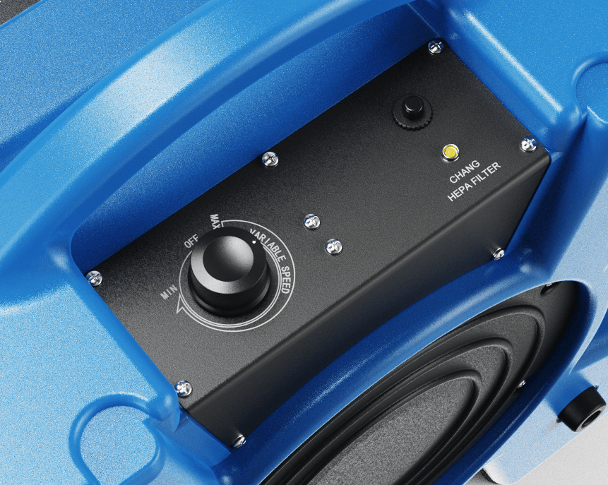 Thorair air scrubber control panel with variable speed dial and HEPA filter indicator in blue casing