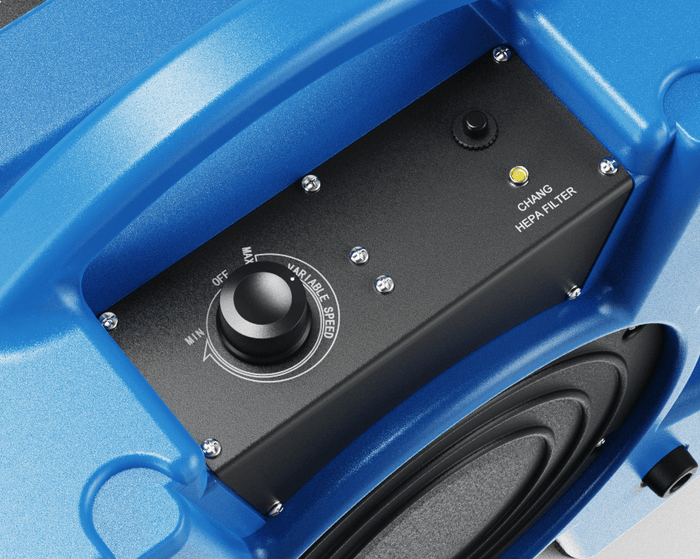 Thorair air scrubber control panel with variable speed dial and HEPA filter indicator in blue casing