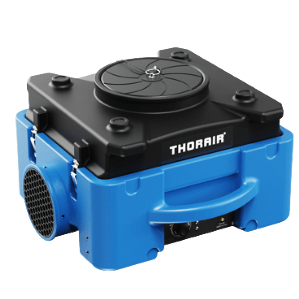Thorair air scrubber with blue body and black top for industrial air filtration and clean air output