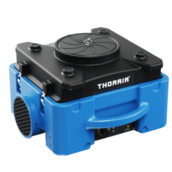 Thorair air scrubber with blue body and black top for industrial air filtration and clean air output