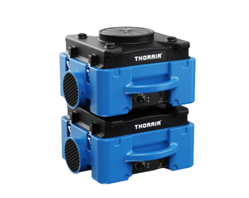 Thorair air scrubber units stacked with blue and black casing for industrial air cleaning