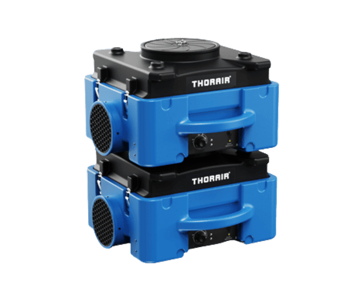 Thorair air scrubber units stacked with blue and black casing for industrial air cleaning