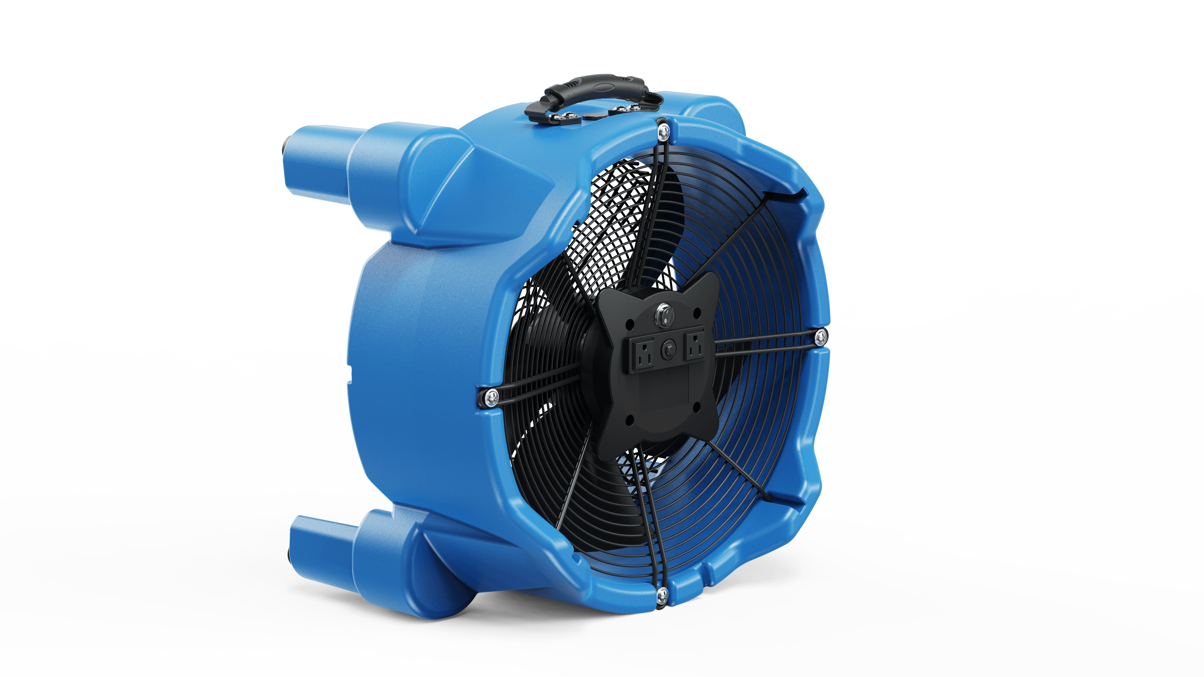 Thorair industrial blue air blower fan with protective grill and handle on black background