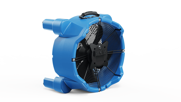 Thorair industrial blue air blower fan with protective grill and handle on black background