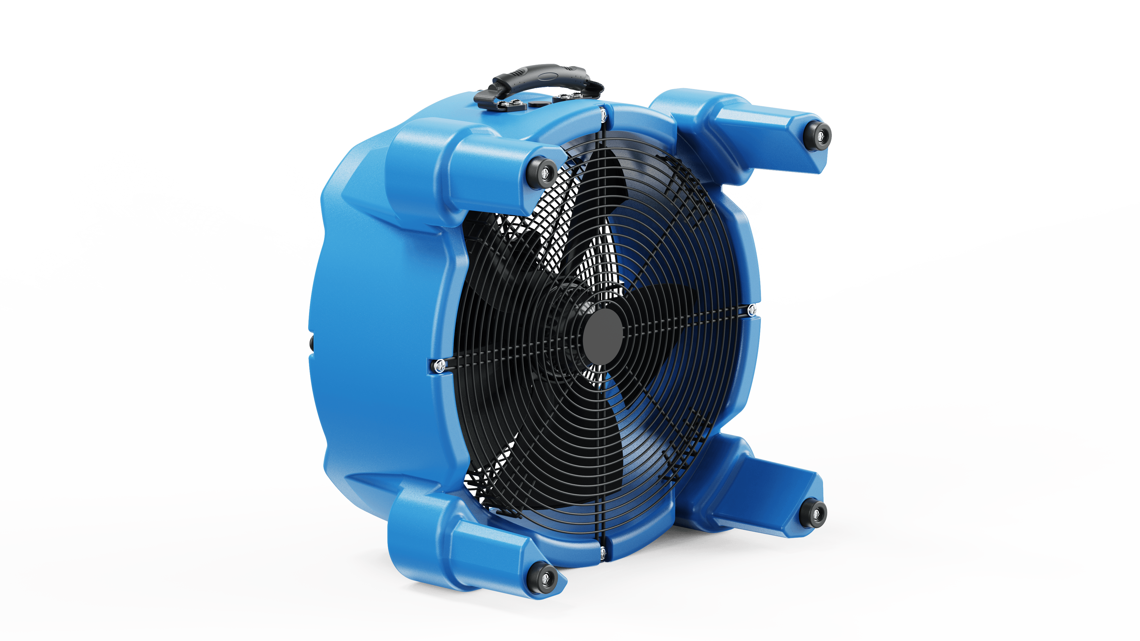 Thorair industrial blue air mover fan with protective black grill and four nozzle outlets