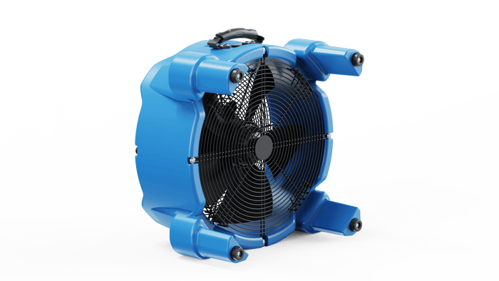 Thorair industrial blue air mover fan with protective black grill and four nozzle outlets
