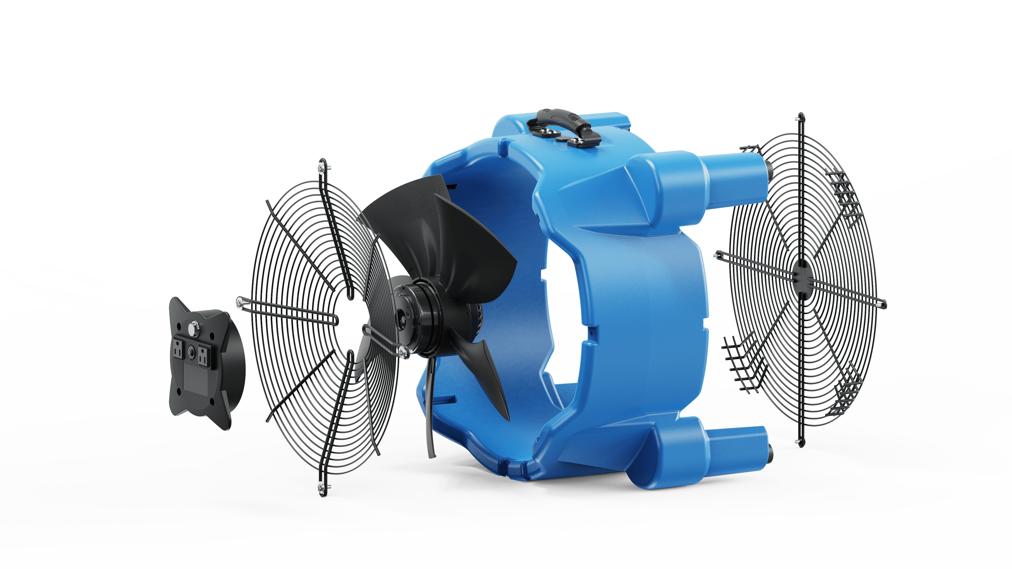 Thorair blue portable air ventilation fan parts exploded view on black background
