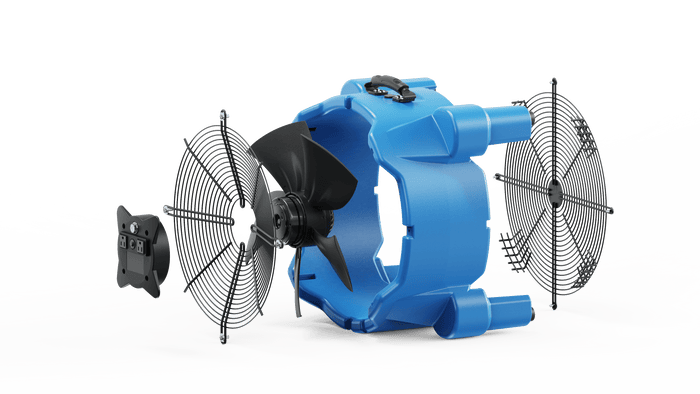 Thorair blue portable air ventilation fan parts exploded view on black background